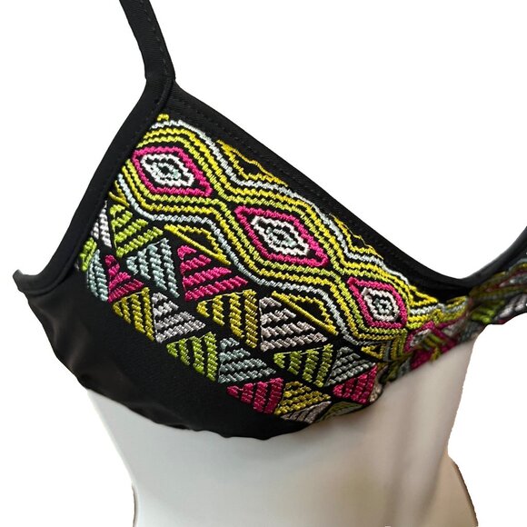 Bikini Lab Top Size Small Black Neon Pink Green White Geometric Festival Padded - Picture 1 of 8